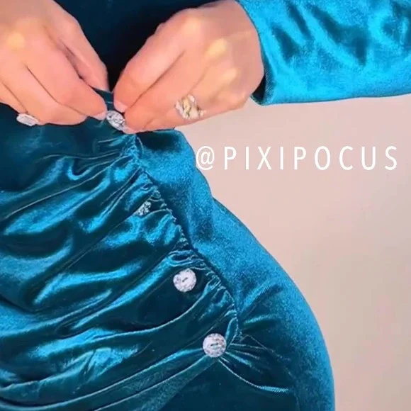 ZARA VELVET JEWEL BUTTON RUCHED MIDI DRESS BLUE - Picture 3 of 12